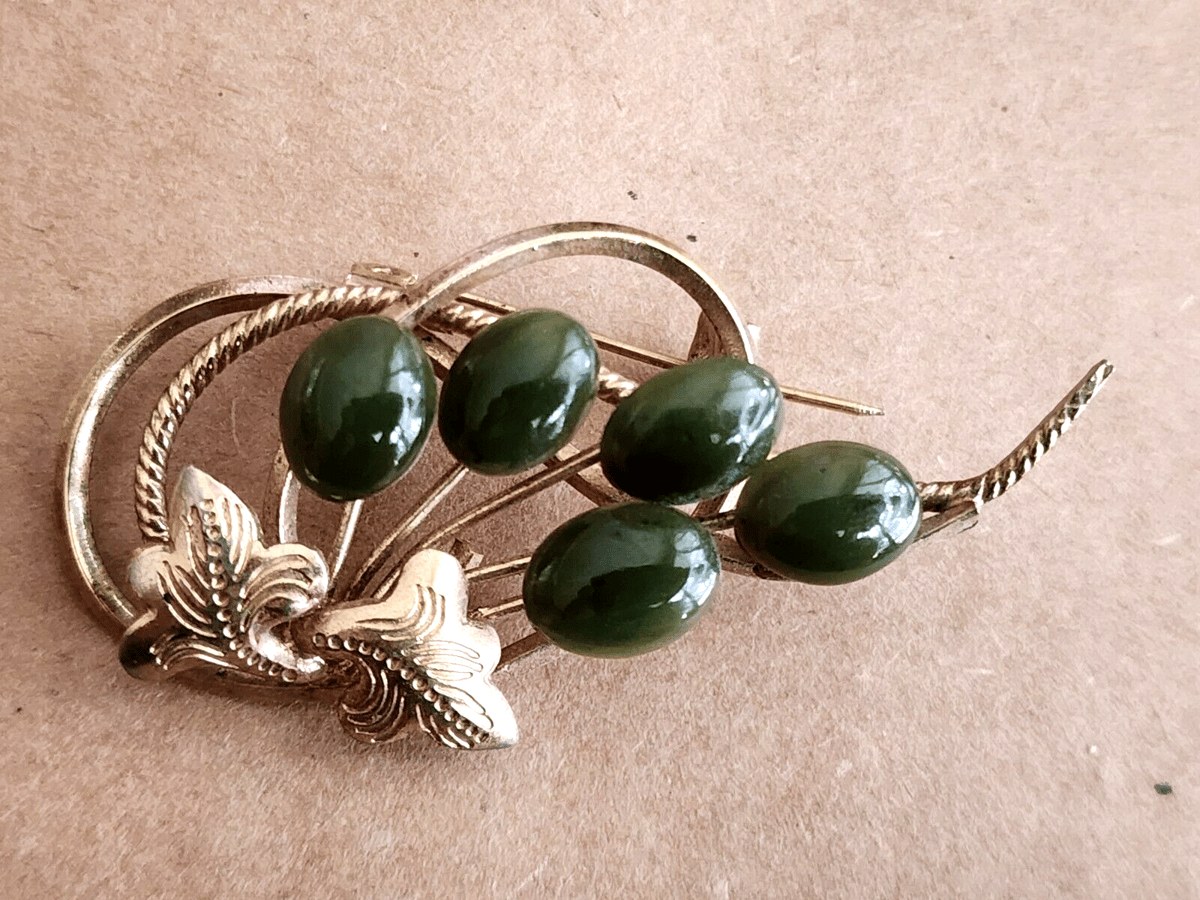 Vtg 1966 Designer Swoboda Brooch Pin Jade Grade A Green Flower Gold Pl