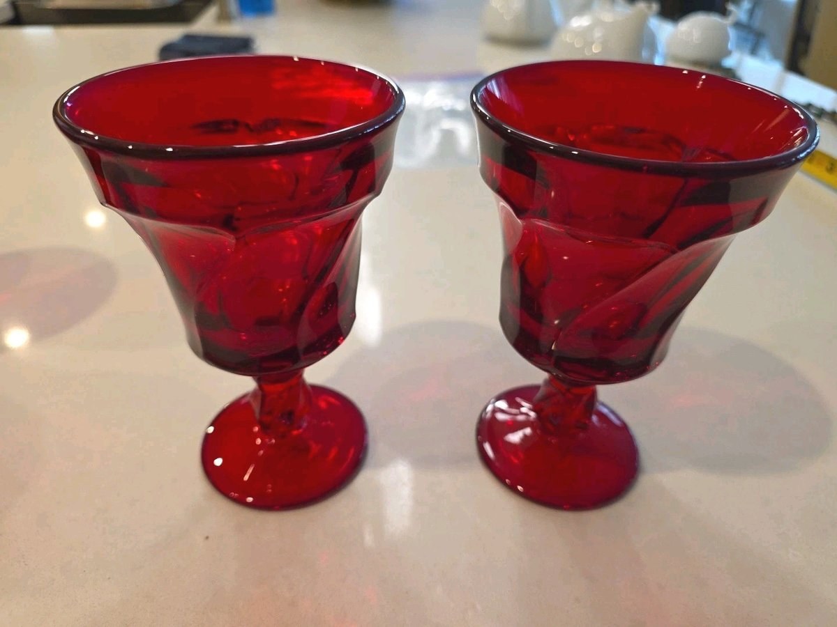 Vtg Fostoria Jamestown Ruby Red 5 7/8" Water Wine Goblet Glasses  Twisted Stem-2