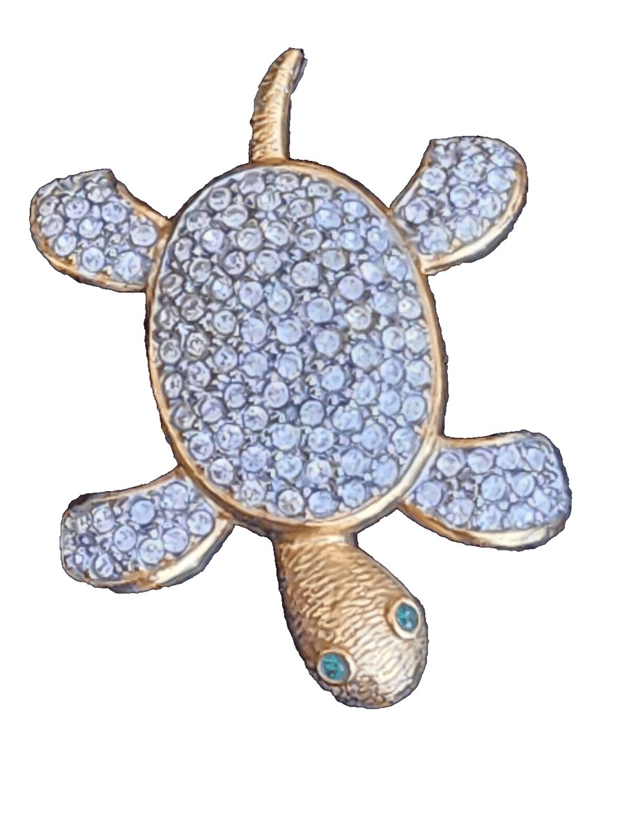 VTG Joan Rivers Turtle Brooch Pin Rhinestone Pave Crystal With Green Eyes