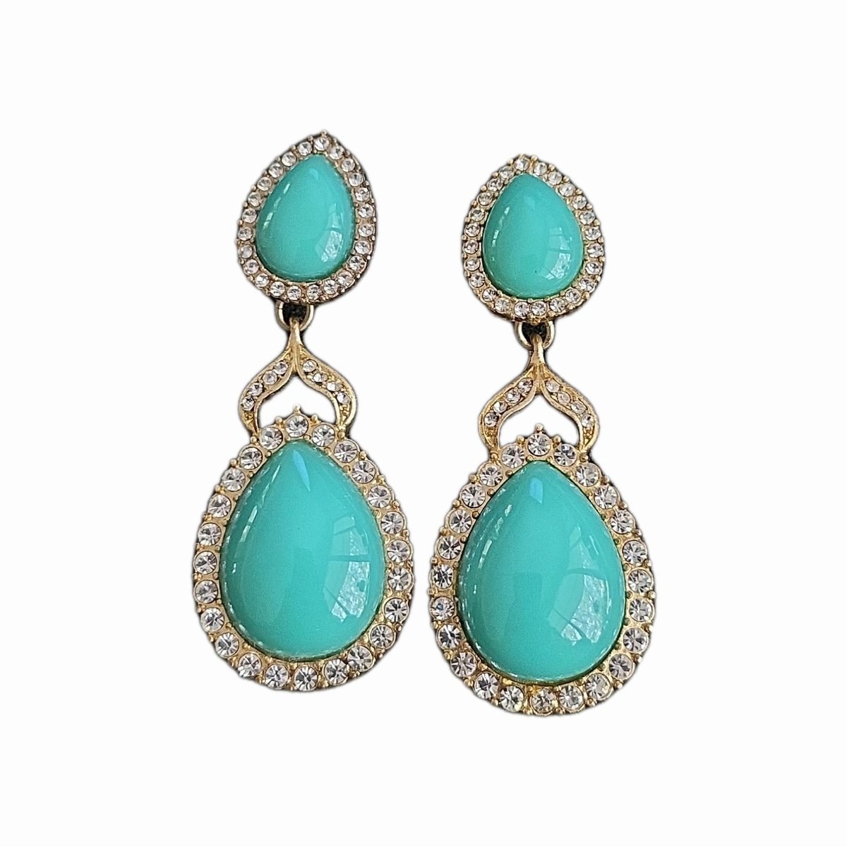 VTG LEE ANGEL Gold Tone Faux Turquoise Rhinestone Omega Back Dangle Earrings