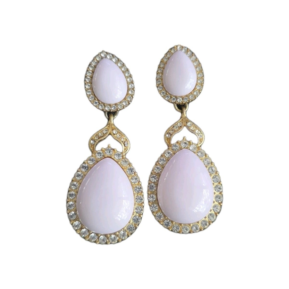 VTG LEE ANGEL Gold Tone Pink White Rhinestone Omega Back Dangle Earrings