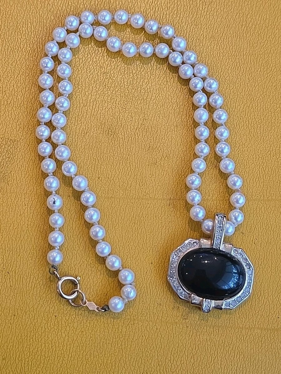 VTG PANETTA BLACK CABOCHON & RHINESTONE ENHANCER + MARVELLA FAUX PEARL NECKLACE