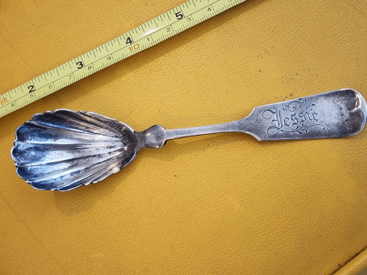 Wood & Hughes Sterling Shell TEASPOON 5 3/4" Jessie Monogram