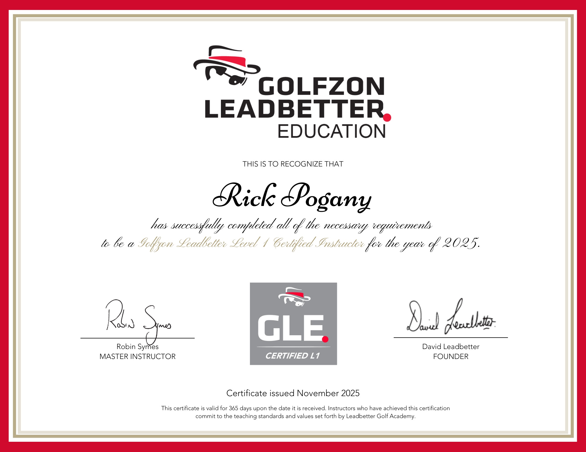 Rick Pogany’s Golfzon Leadbetter Level 1 instructor certificate