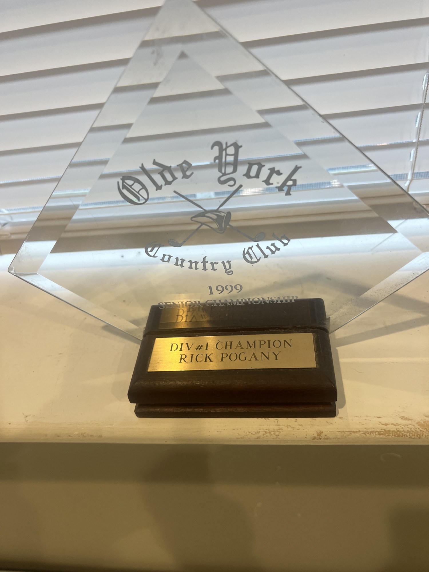 Olde York Country Club 1999 Senior Championship Division 1 Champion award for Rick Pogany