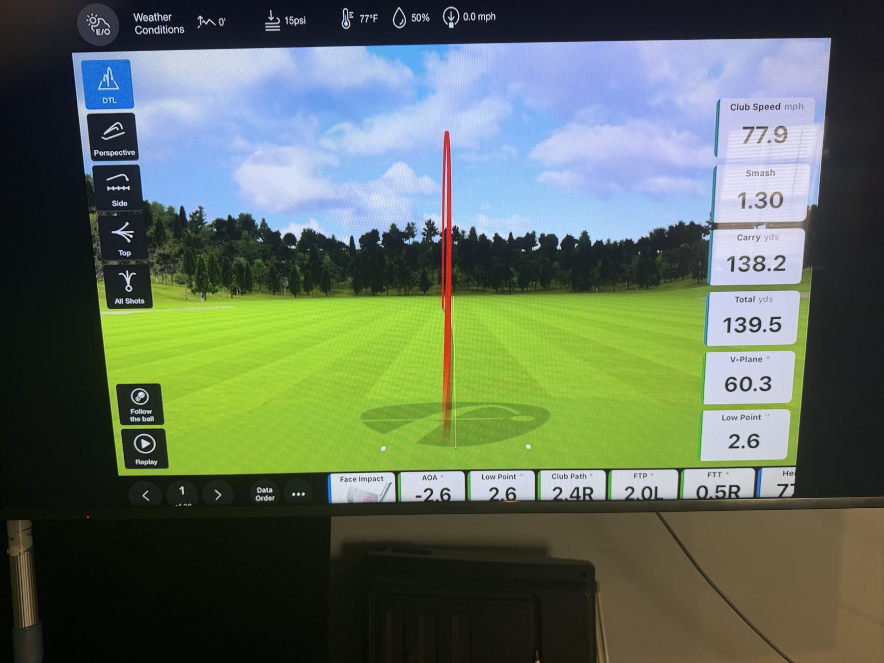 FlightScope single-shot photo showing the ball-flight trace and shot measurements