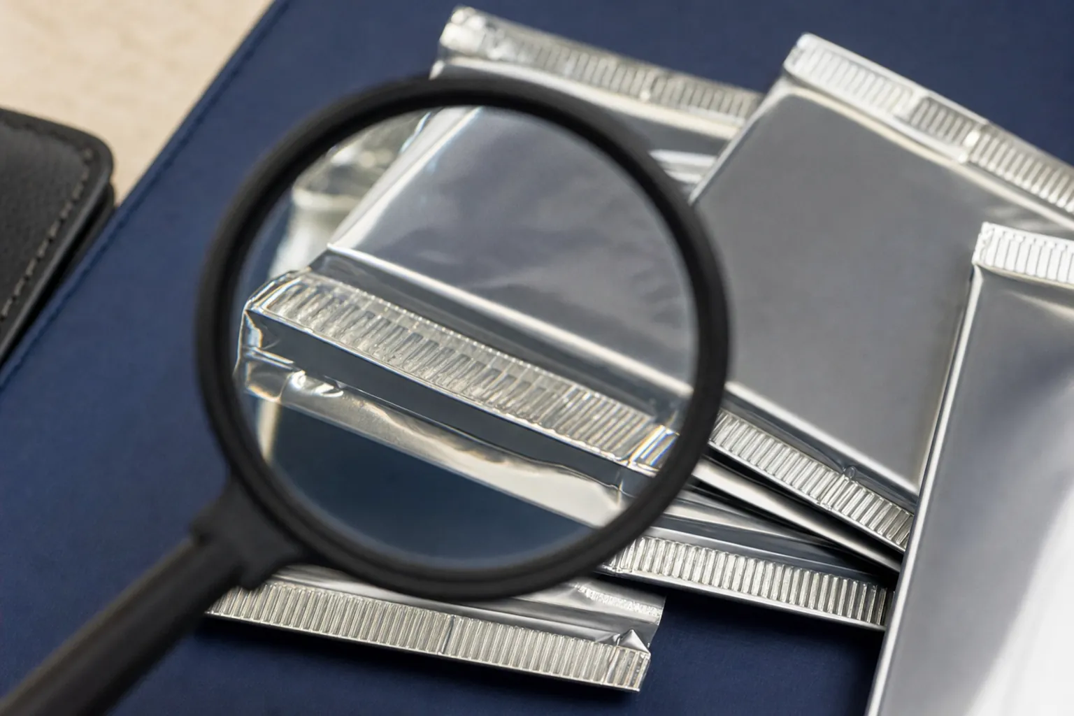 Foil trading card packs arranged for careful inspection
