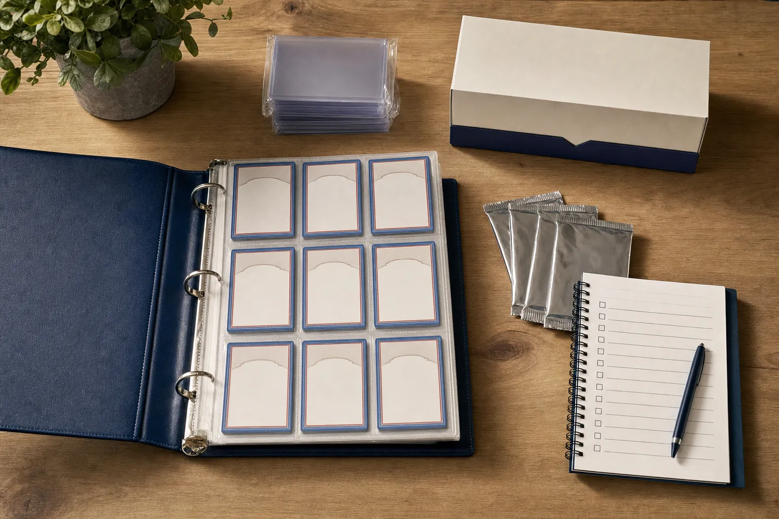A card binder, sleeves, generic card packs, storage box and checklist arranged on a collector table