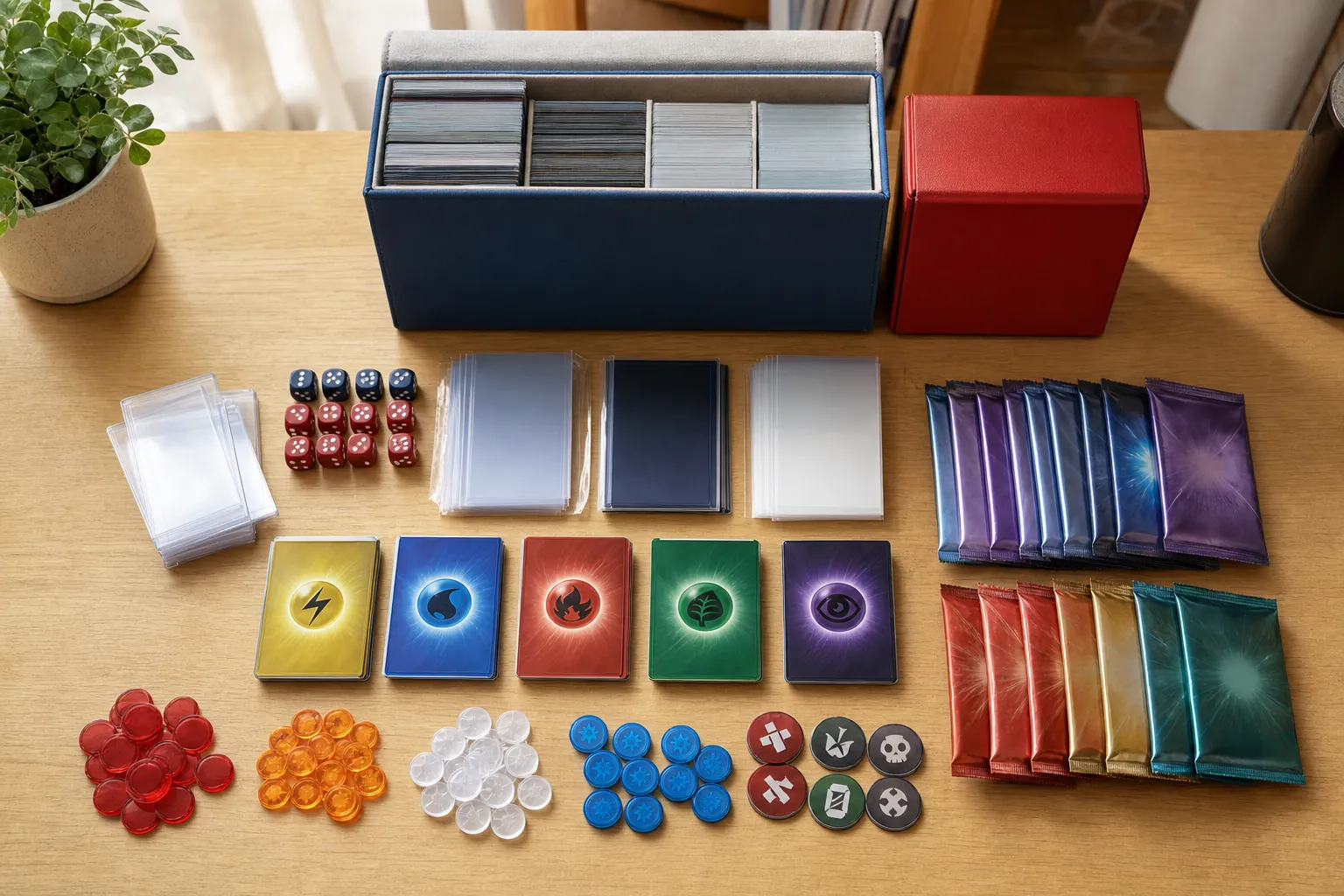 A generic card collecting kit with sleeves, dice, markers, card packs and storage boxes