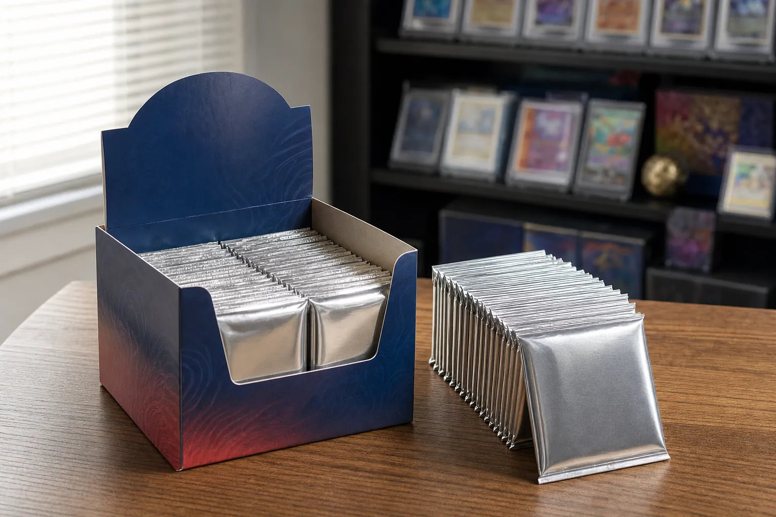 A generic sealed trading card display box beside a neat row of unopened foil packs