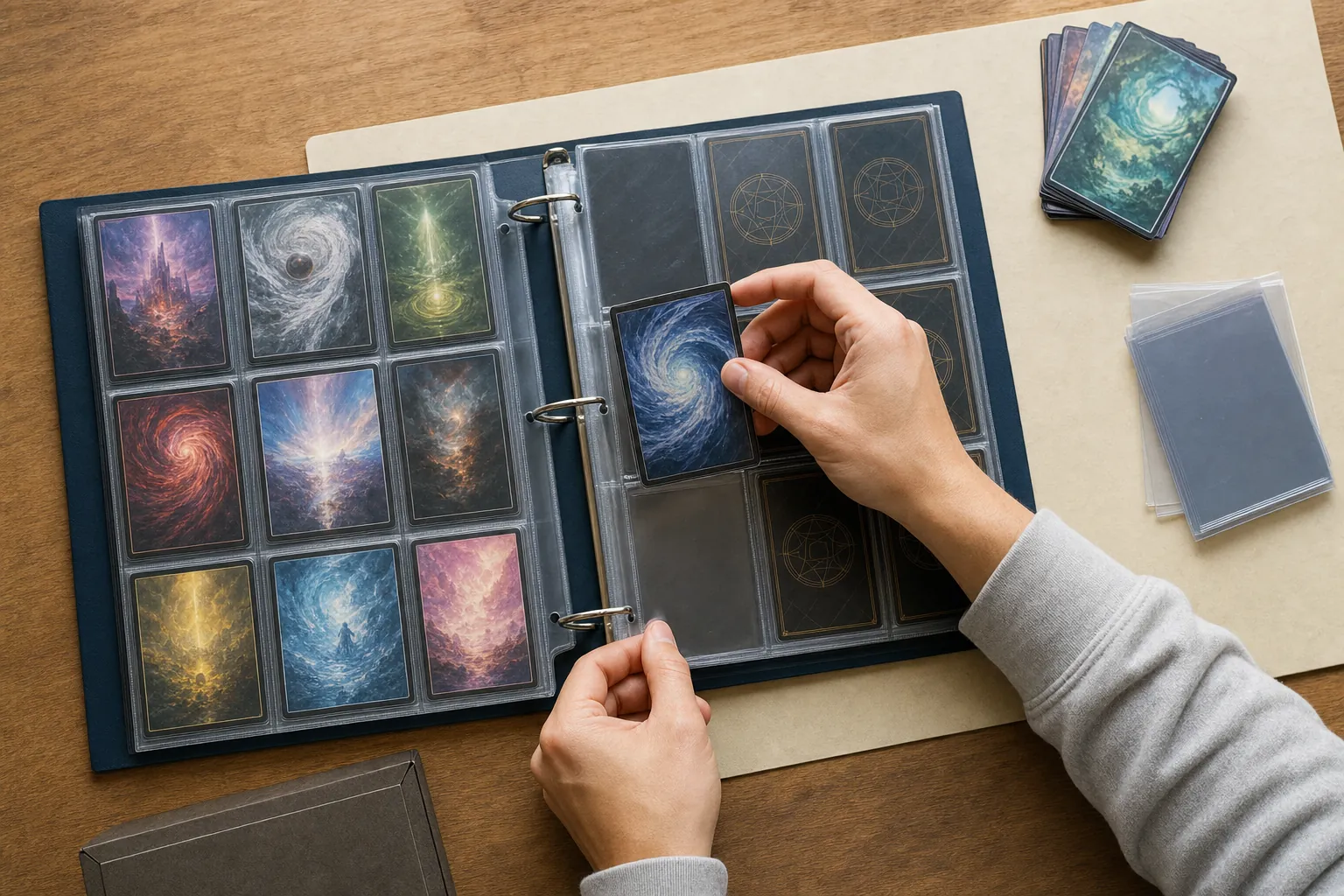 A collector placing an unbranded trading card into a binder page
