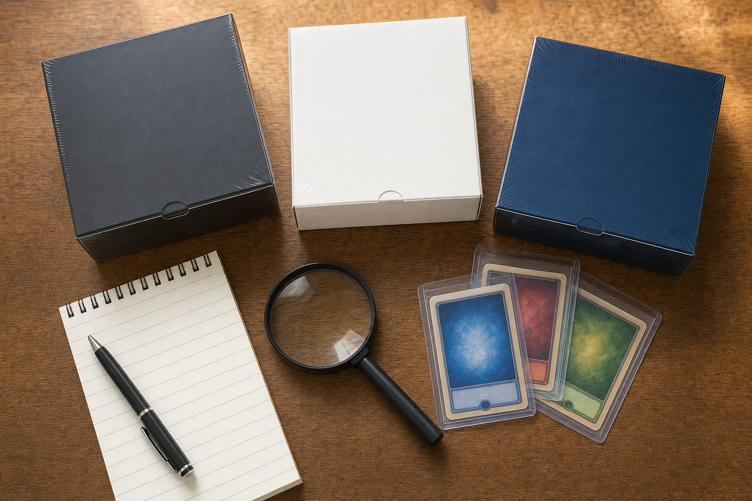 Unbranded sealed trading card boxes, a notebook, magnifier, and protected cards on a collector desk