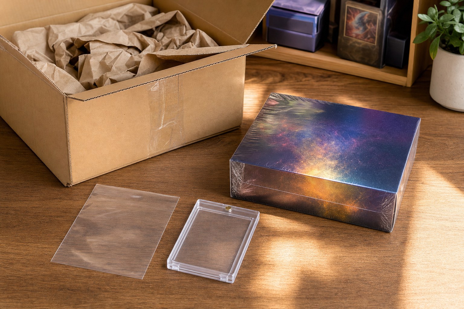 Unbranded sealed trading card box beside a shipping carton, sleeve, and rigid card holder