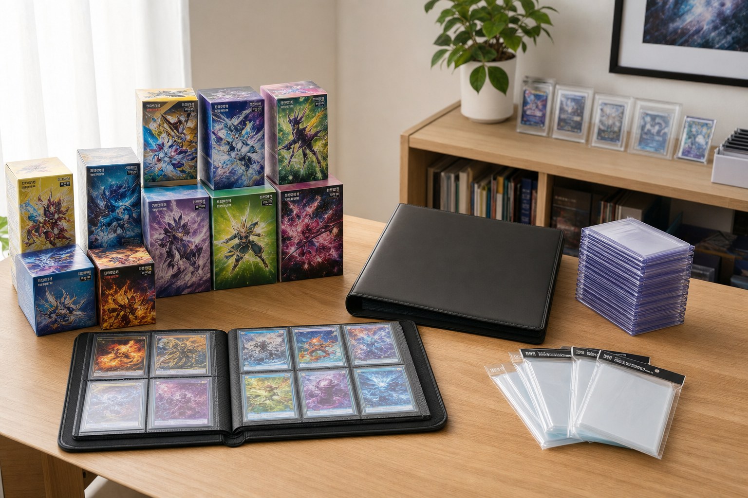 Illustrative collector setup with sealed trading card boxes, a binder, sleeves, and protected cards