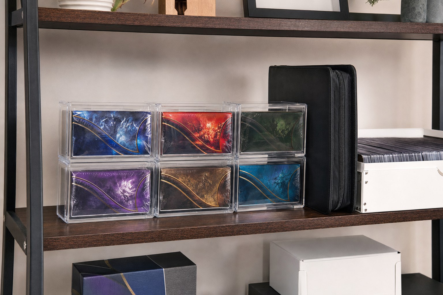 Unbranded sealed trading card boxes protected in clear display cases beside a binder and card storage box