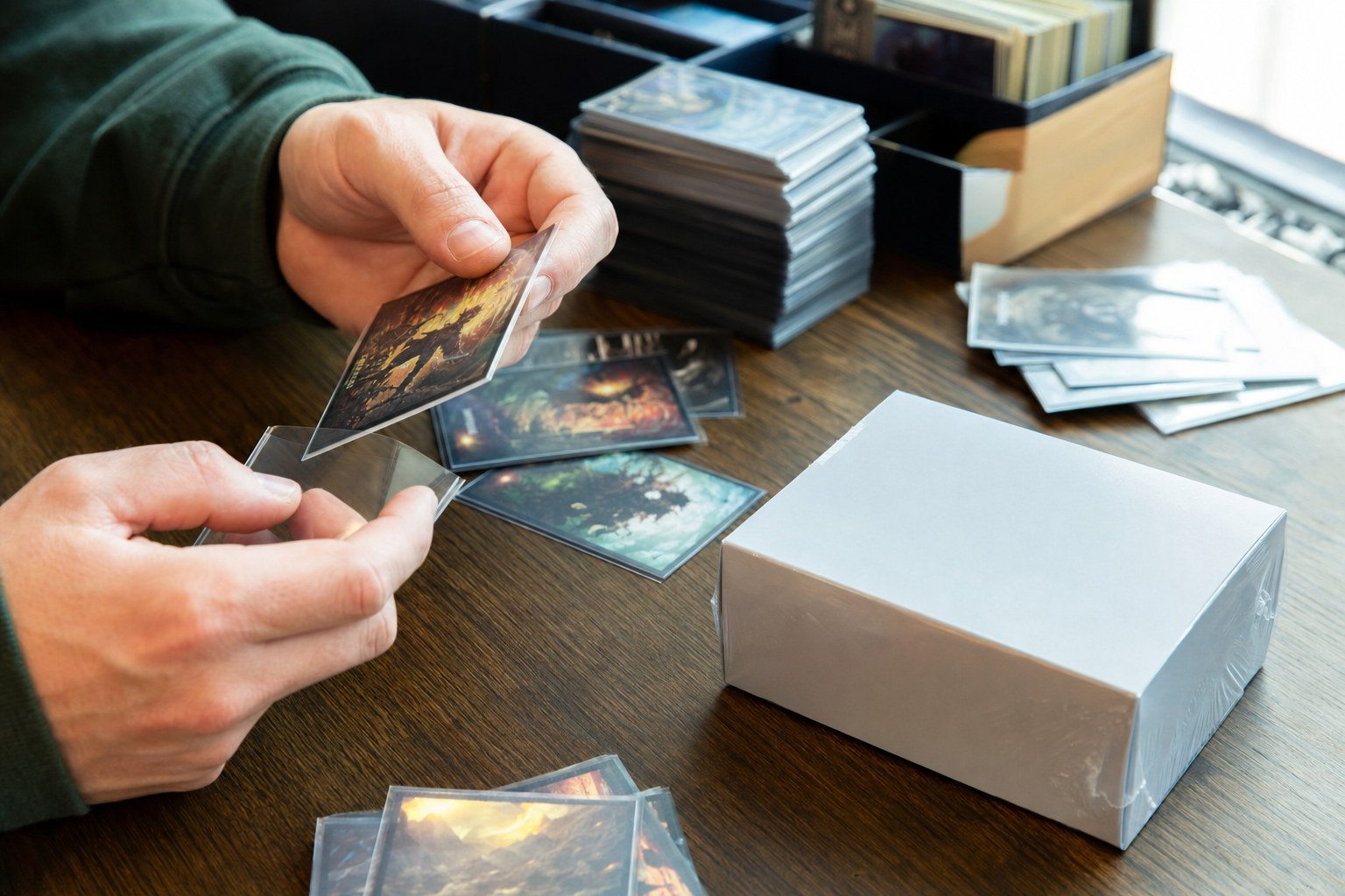 Collector placing a trading card into a clear sleeve at a hobby table