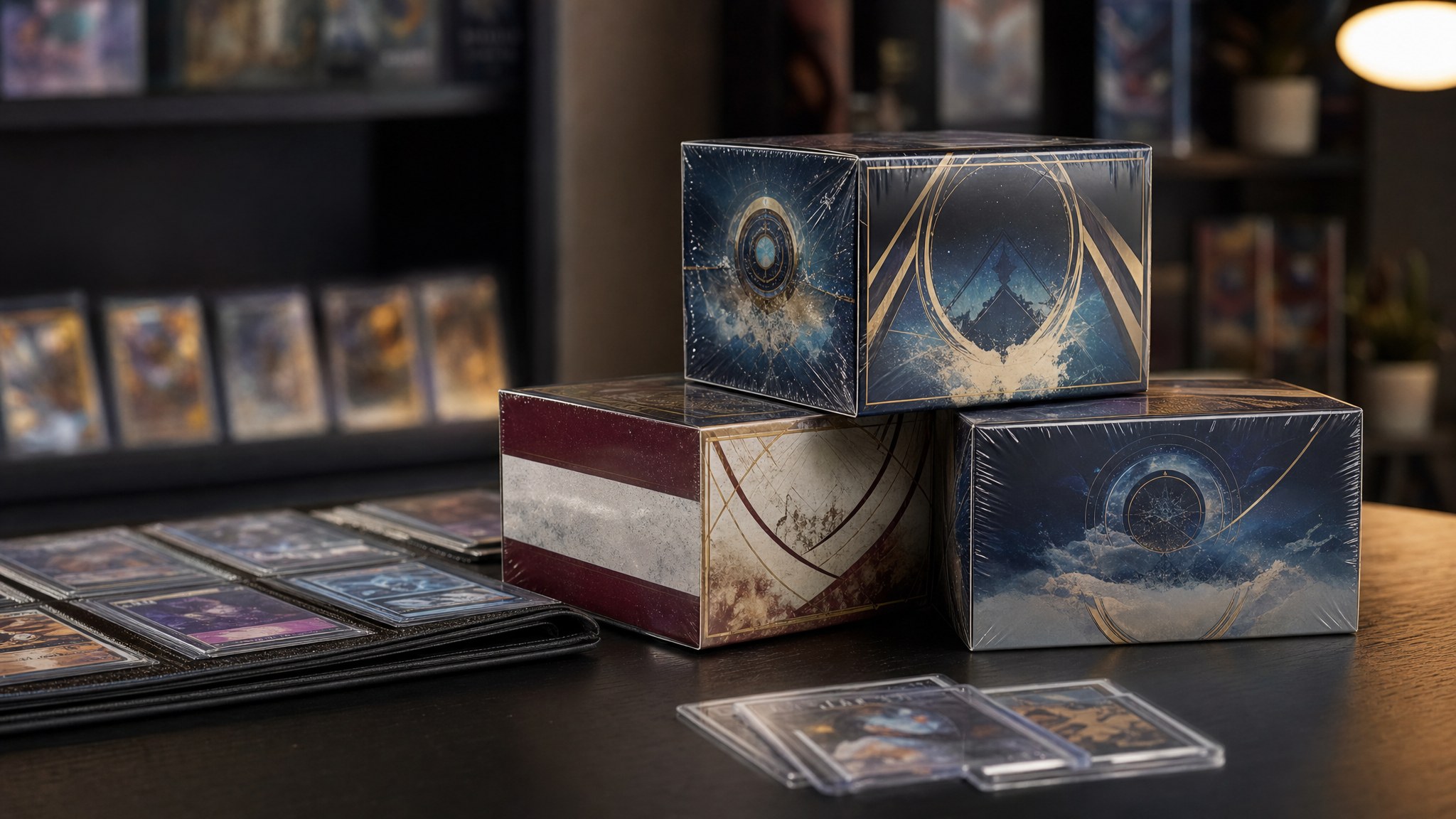 Sealed trading-card boxes beside a card binder on a collector desk