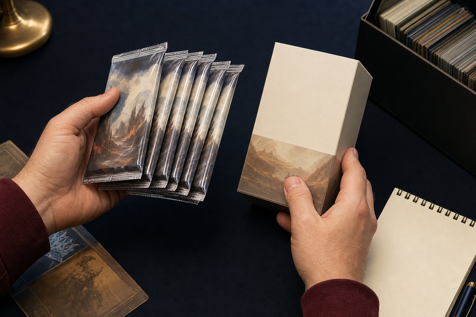 Collector comparing sealed generic trading card packs with a compact product box
