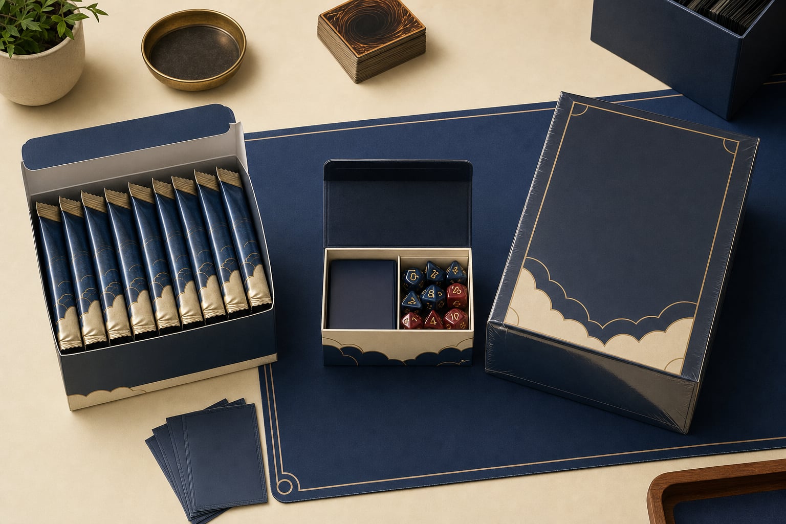 Three generic sealed trading card product formats arranged on a collector table