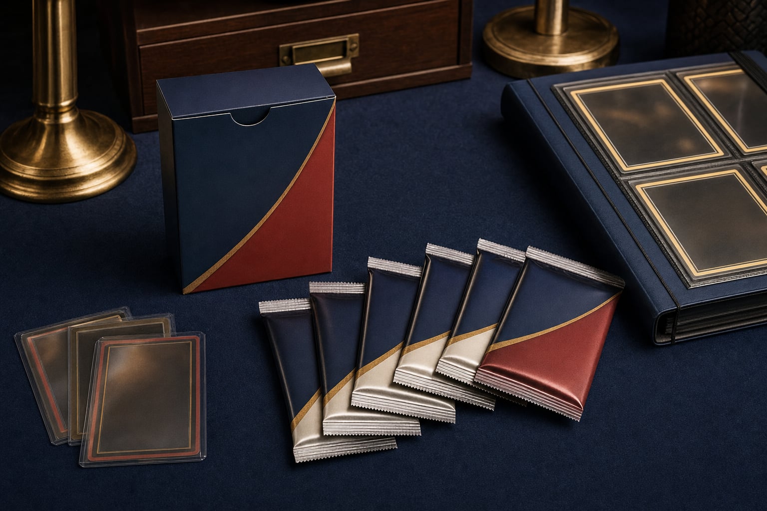 A generic sealed trading card bundle with six card packs, a binder and protected cards on a collector table