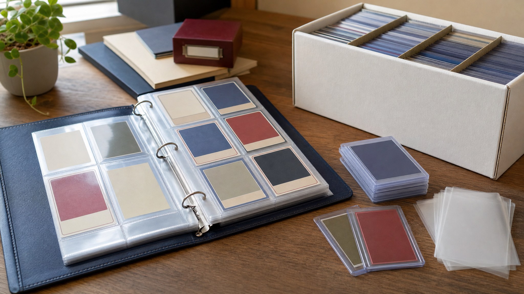 Pokémon-style trading cards stored in a binder, rigid holders, and a collector box