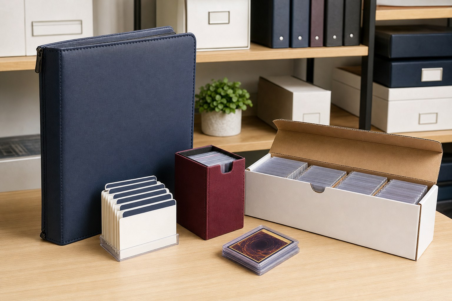 Trading cards organized in a zip binder, card box, and upright storage case