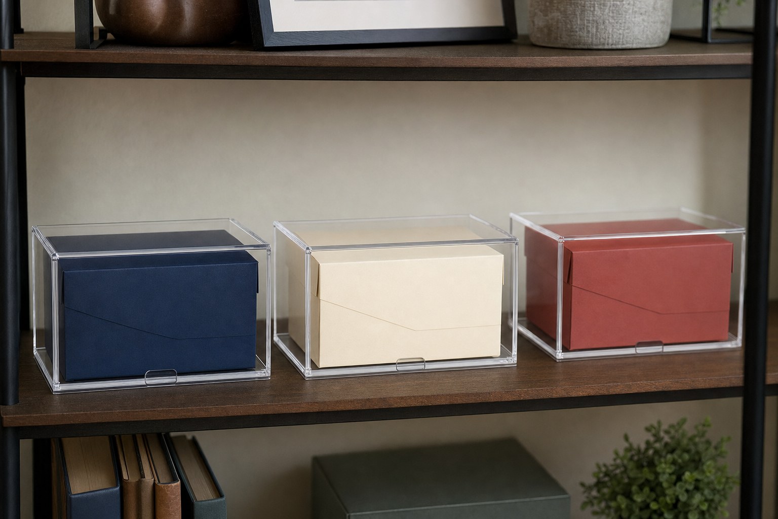Sealed trading card boxes in clear protectors on a spacious display shelf