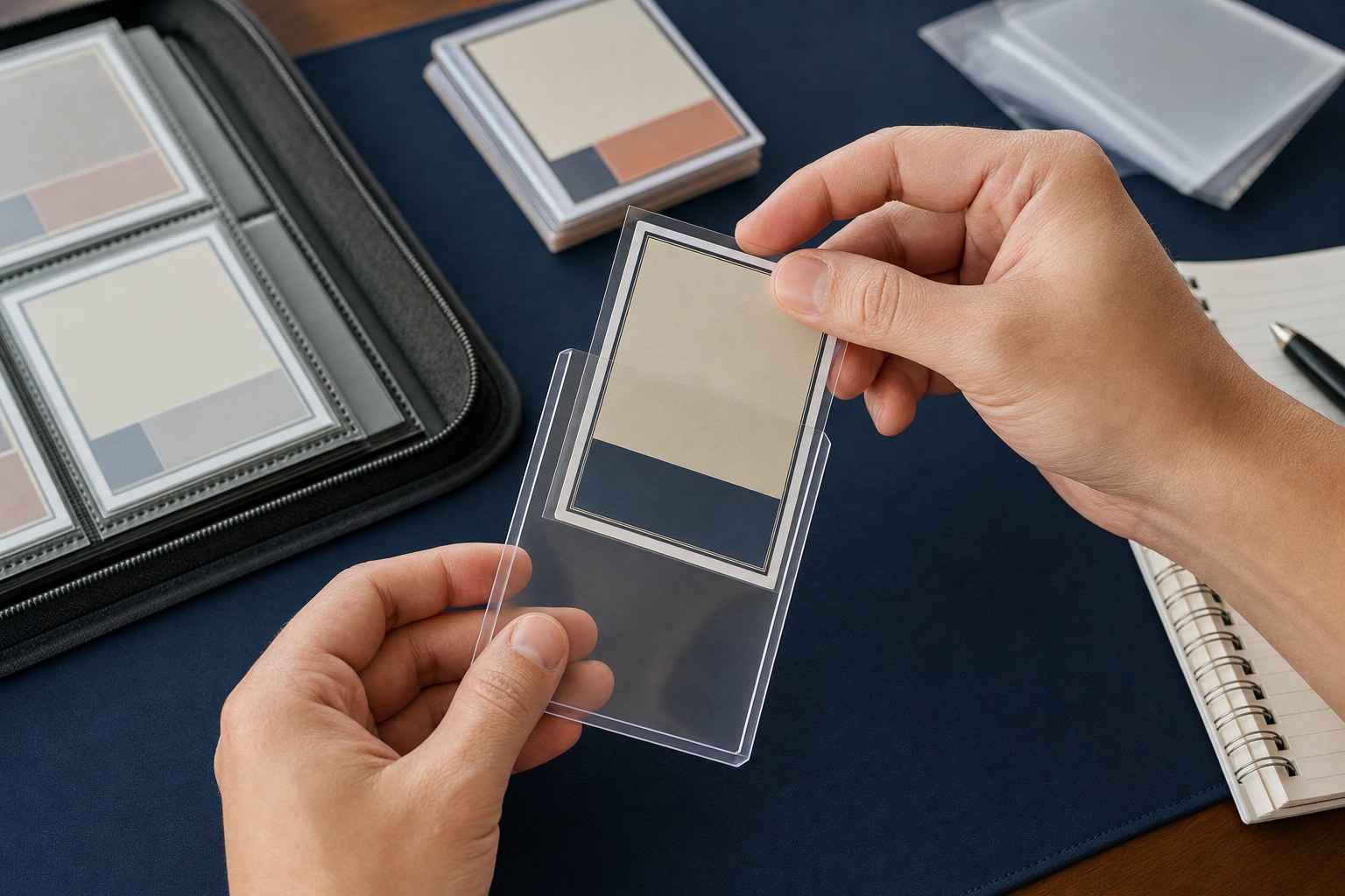 A collector placing a trading card in a soft sleeve before a rigid holder