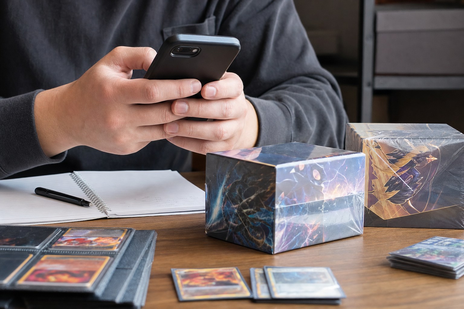 Collector comparing generic sealed trading card boxes while checking product availability