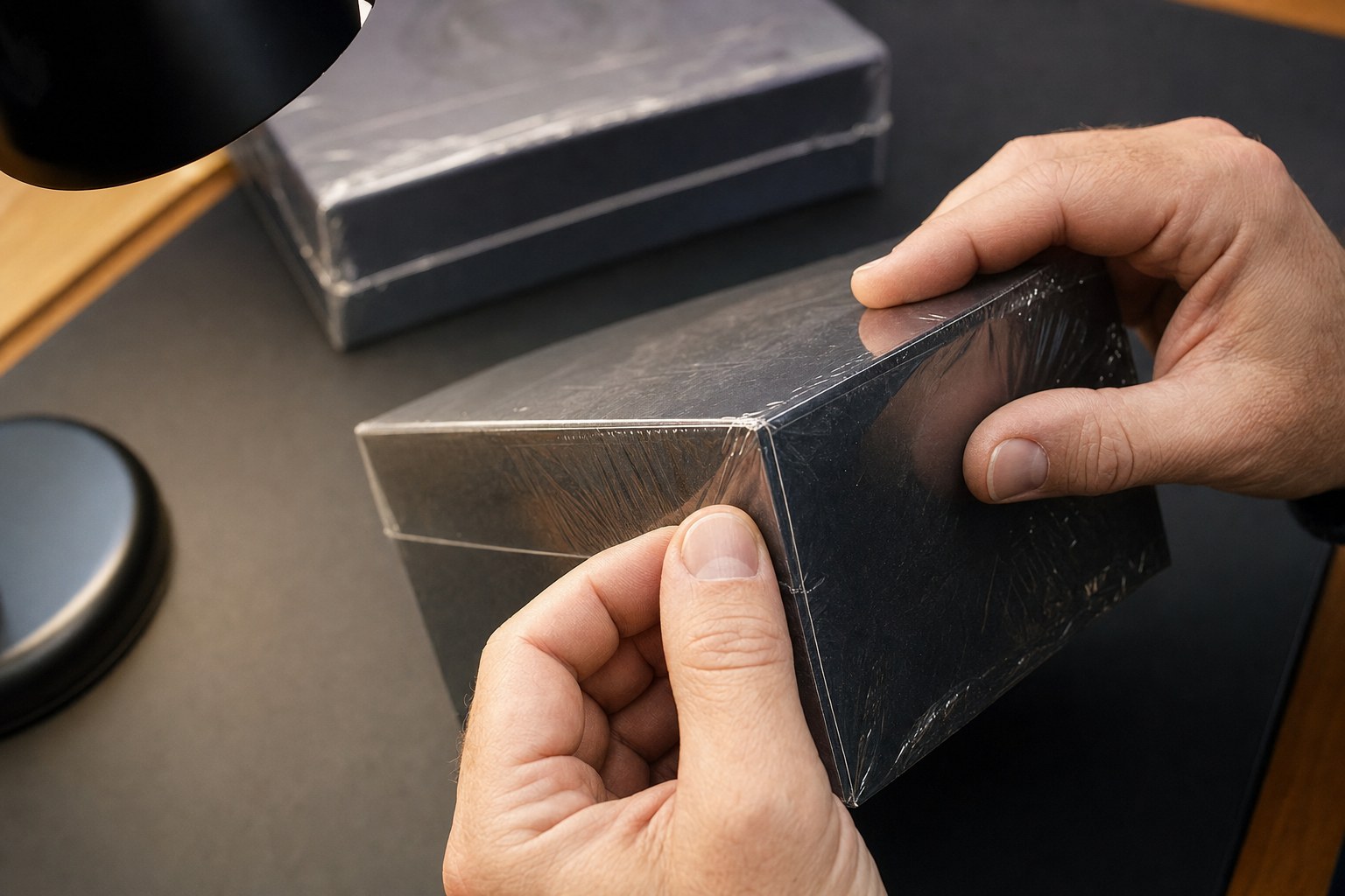 Collector checking the factory wrap and corner of a generic sealed trading card box