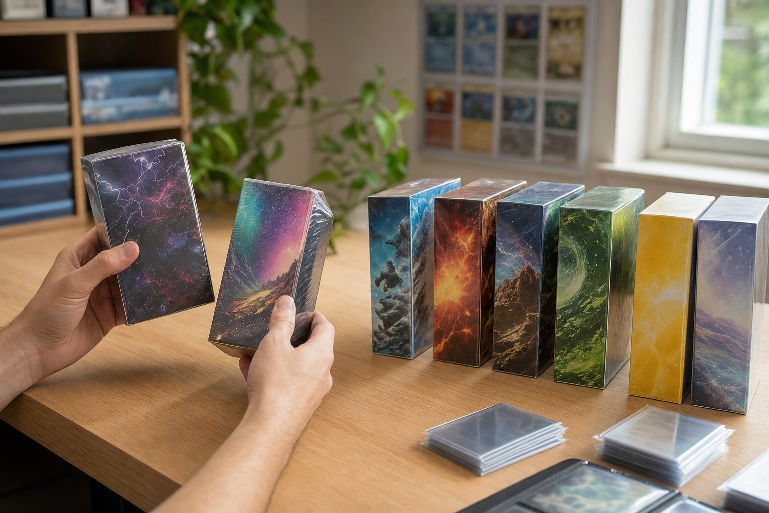 Collector comparing generic sealed trading card boxes on a desk