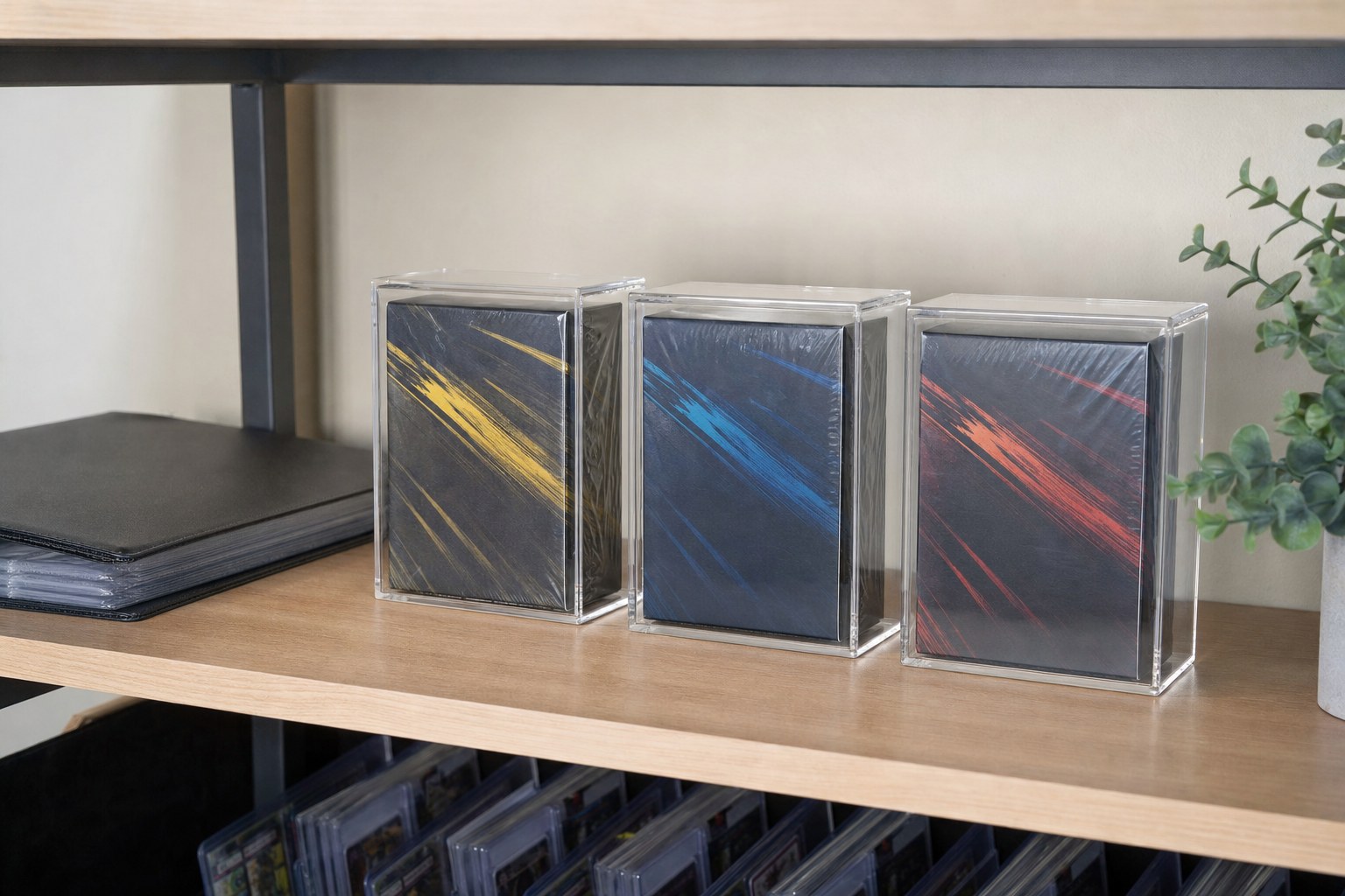 Generic sealed trading card boxes stored upright in clear protective cases on a shelf