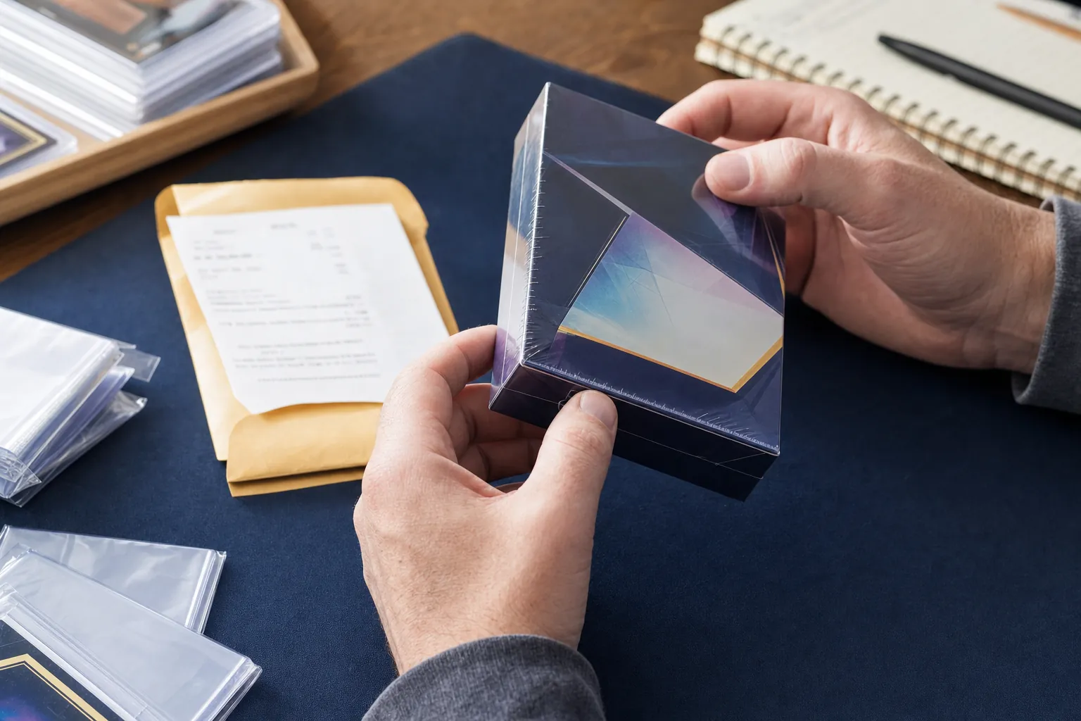 Collector checking the wrap and corners of an unbranded sealed trading card box