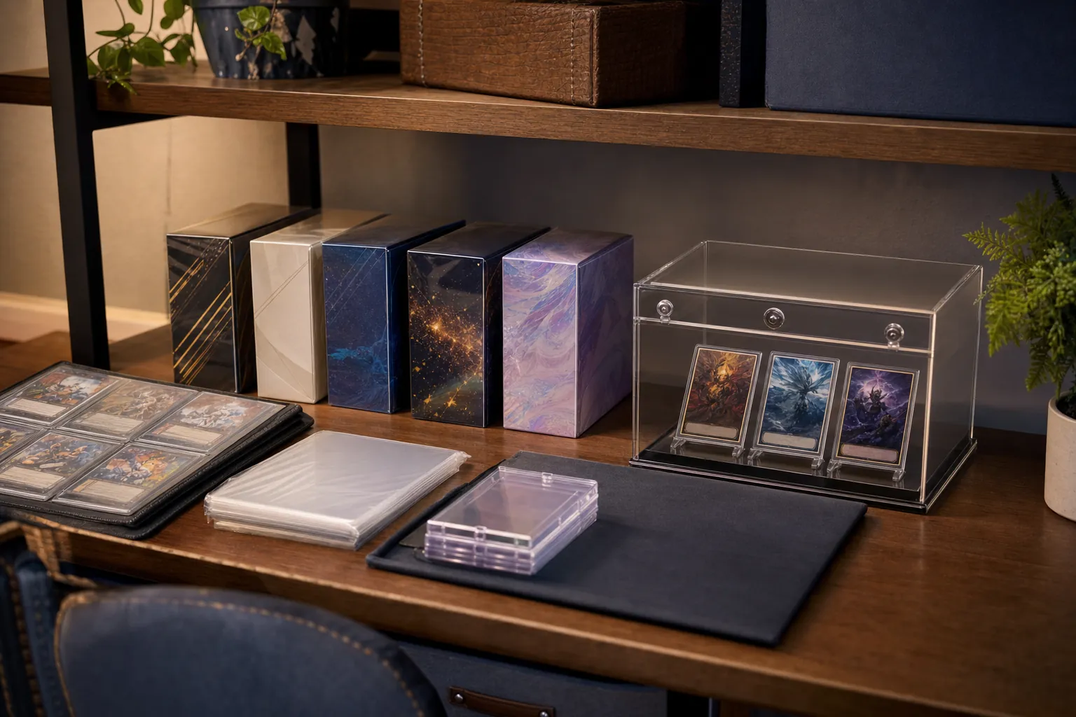 Organized unbranded trading card boxes, binder, sleeves, and display case on a collector shelf