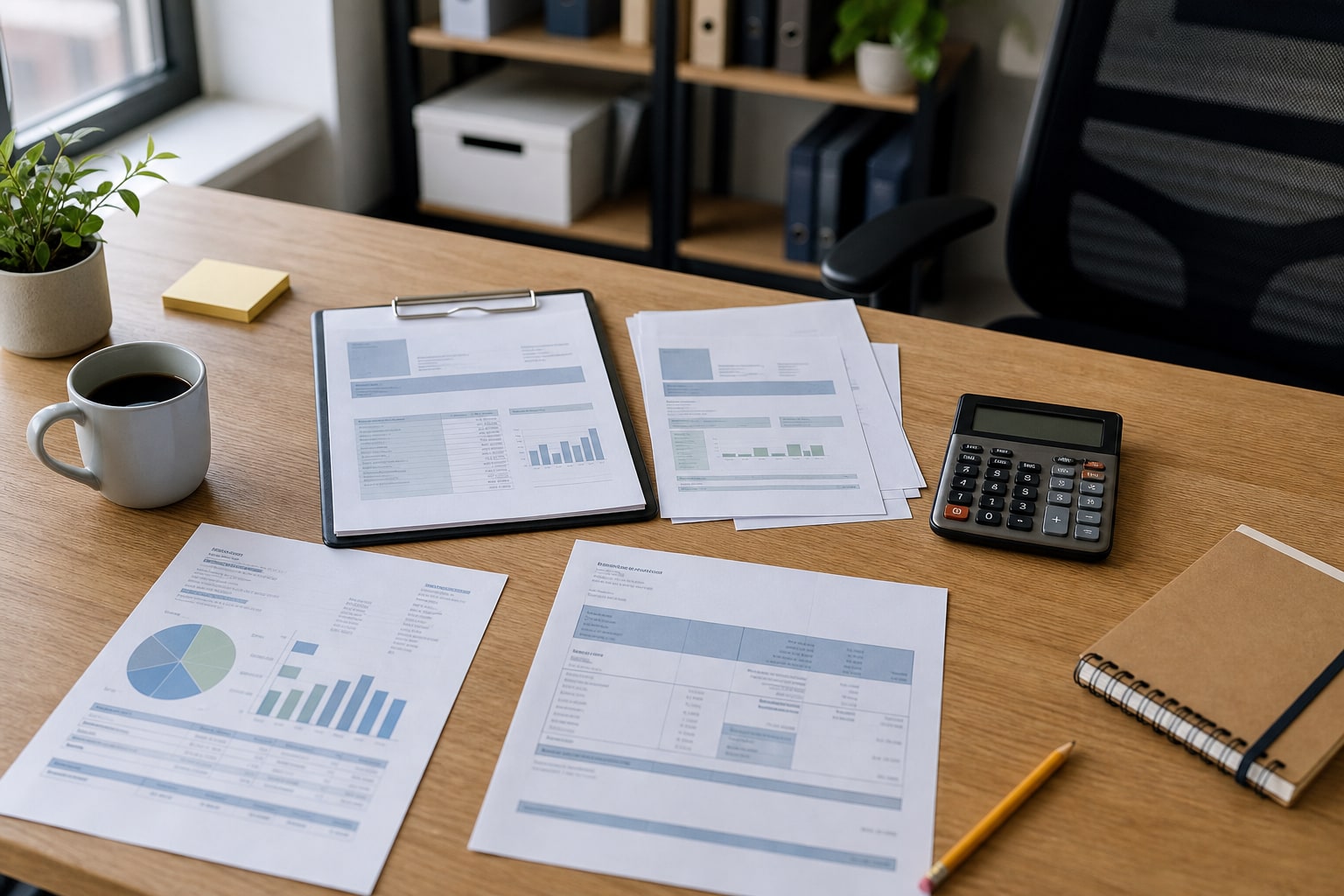 Commercial electricity bills, calculator, and review notes on a desk