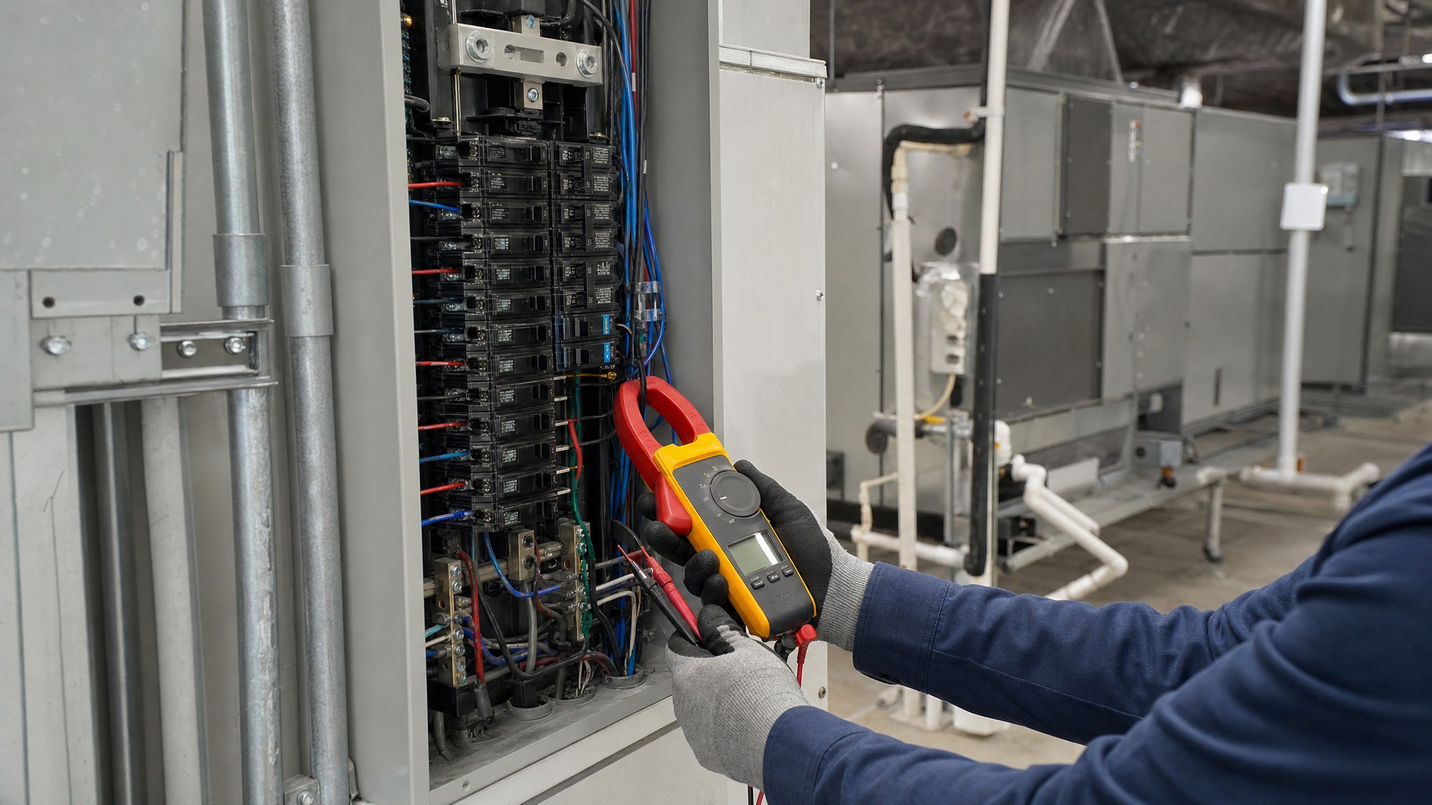 Qualified technician checking electrical equipment in a commercial building mechanical room