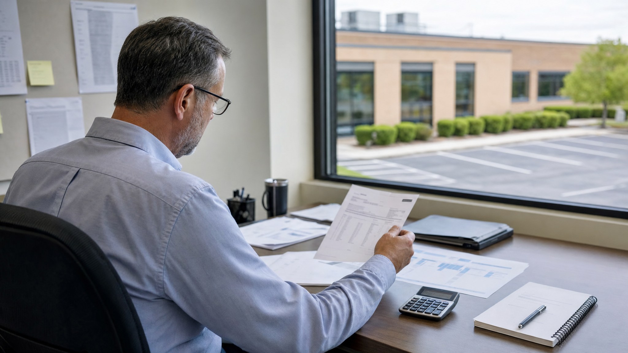 Facilities manager reviewing a commercial electricity bill and energy-use records