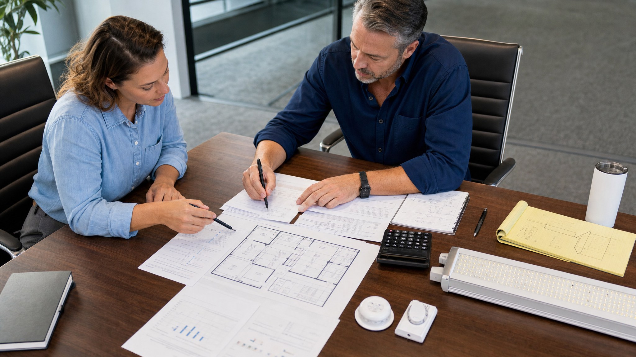 Business colleagues reviewing commercial energy records and facility plans at a conference table