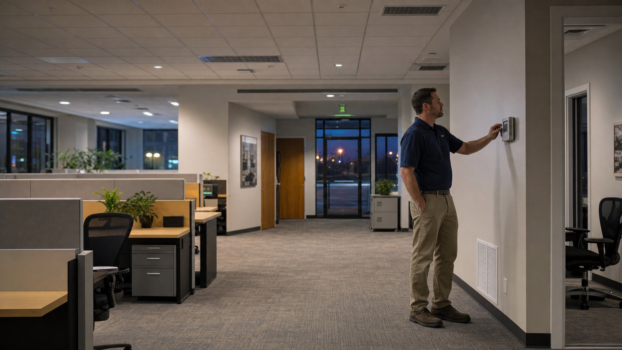 Facilities employee checking building controls in a commercial office after hours