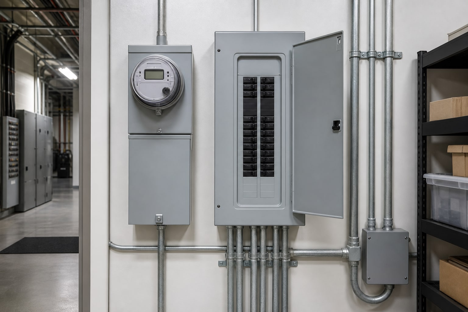 Commercial electric meter and panel in a building utility room