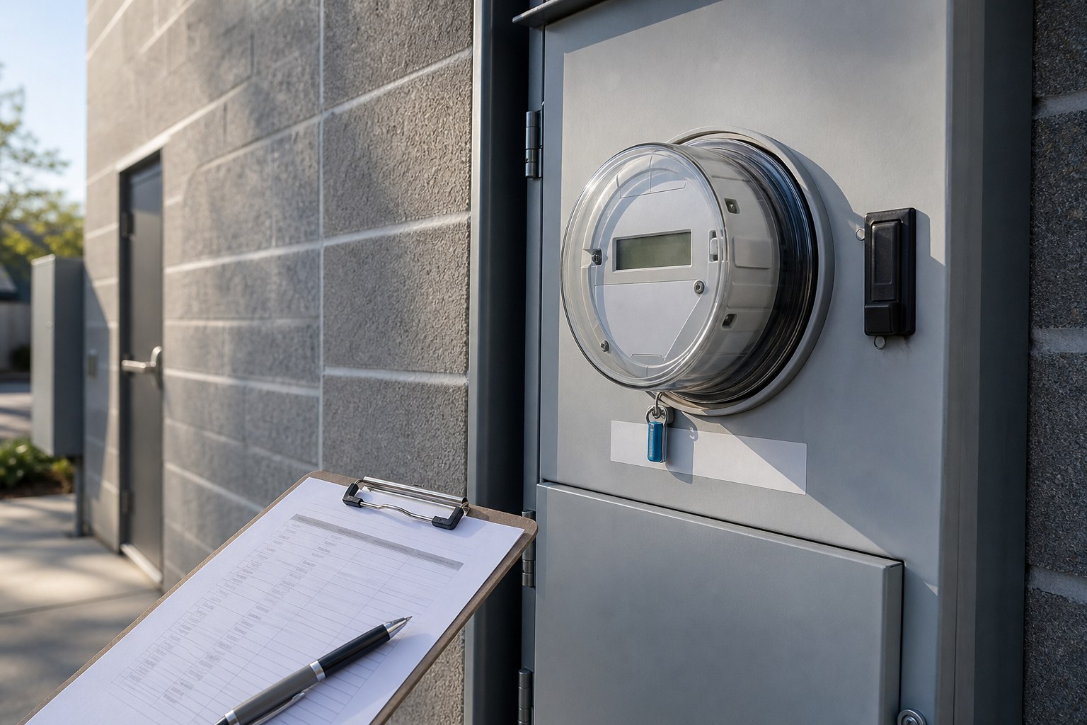 Commercial electric meter and clipboard used to verify service details