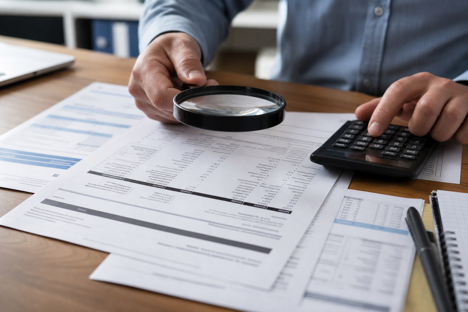 Commercial utility invoices being reviewed with a magnifying glass and calculator