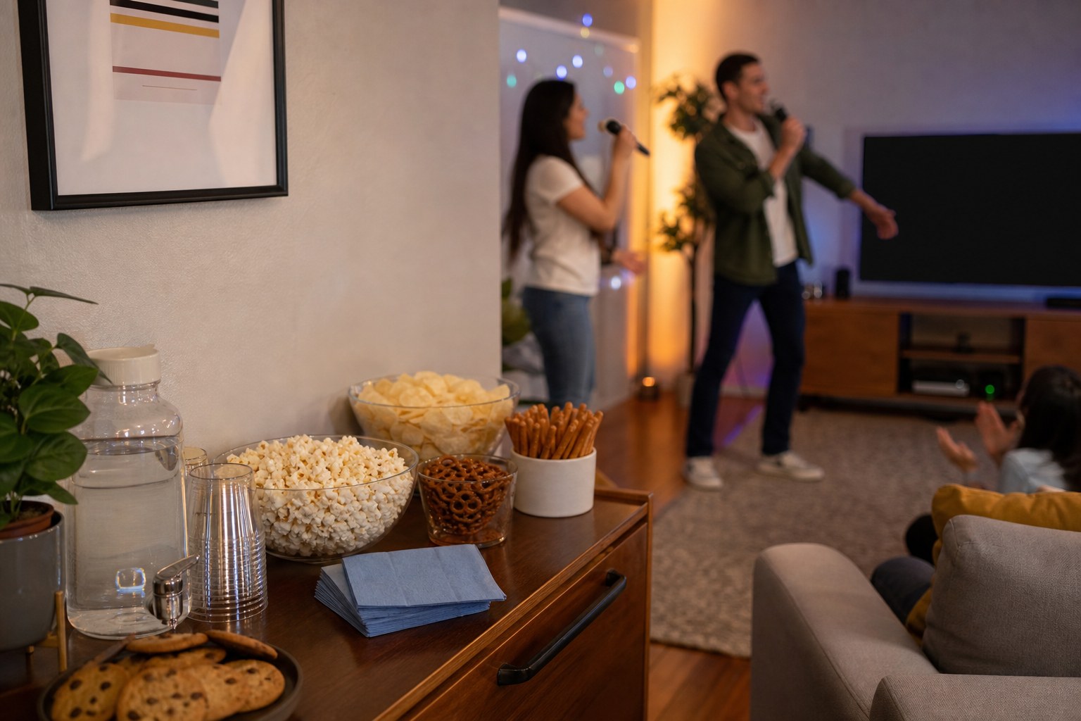 Snacks and water set apart from the singing area at a home karaoke party
