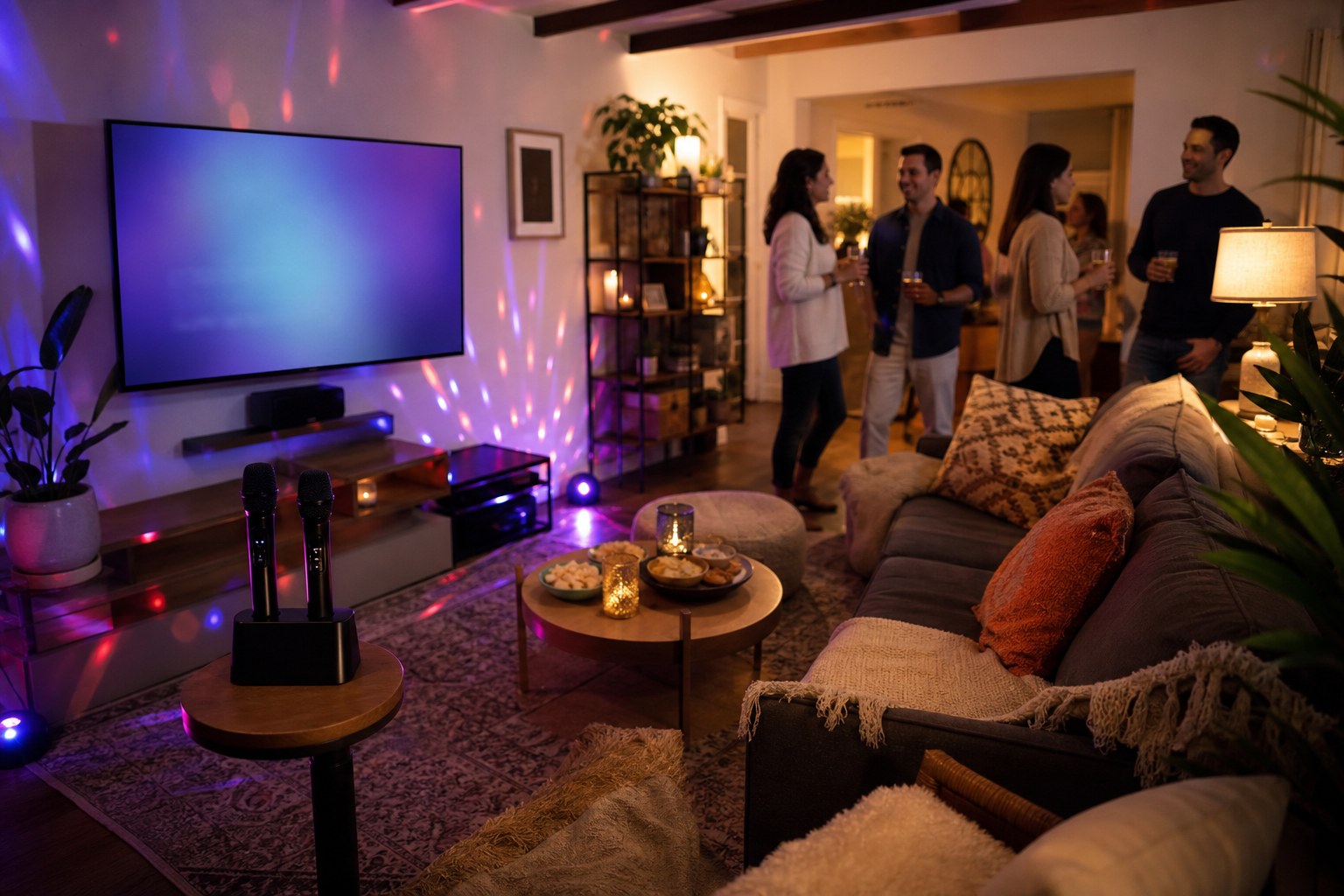 Friends gathering in a warm living room prepared for a karaoke party