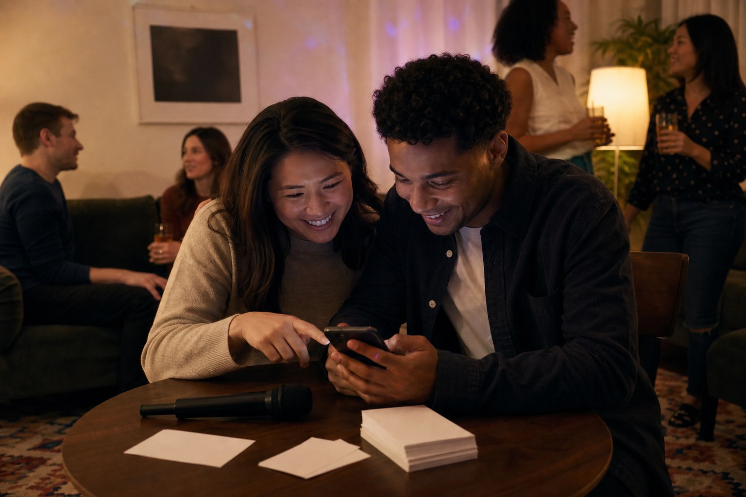 Two friends choosing a karaoke song together at a relaxed home party
