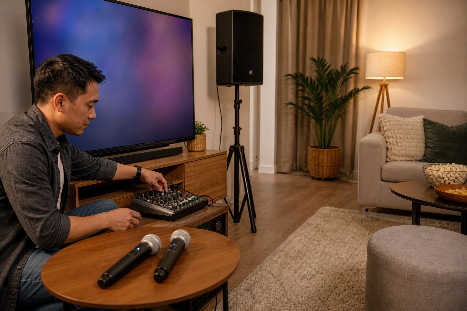 Host checking a home karaoke sound setup before guests arrive