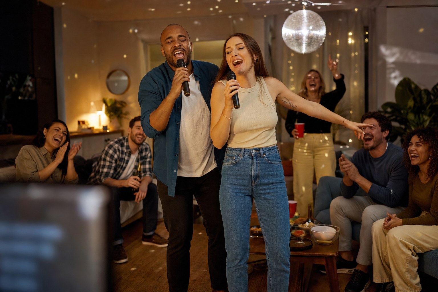 Two friends taking part in a karaoke duet challenge at a party