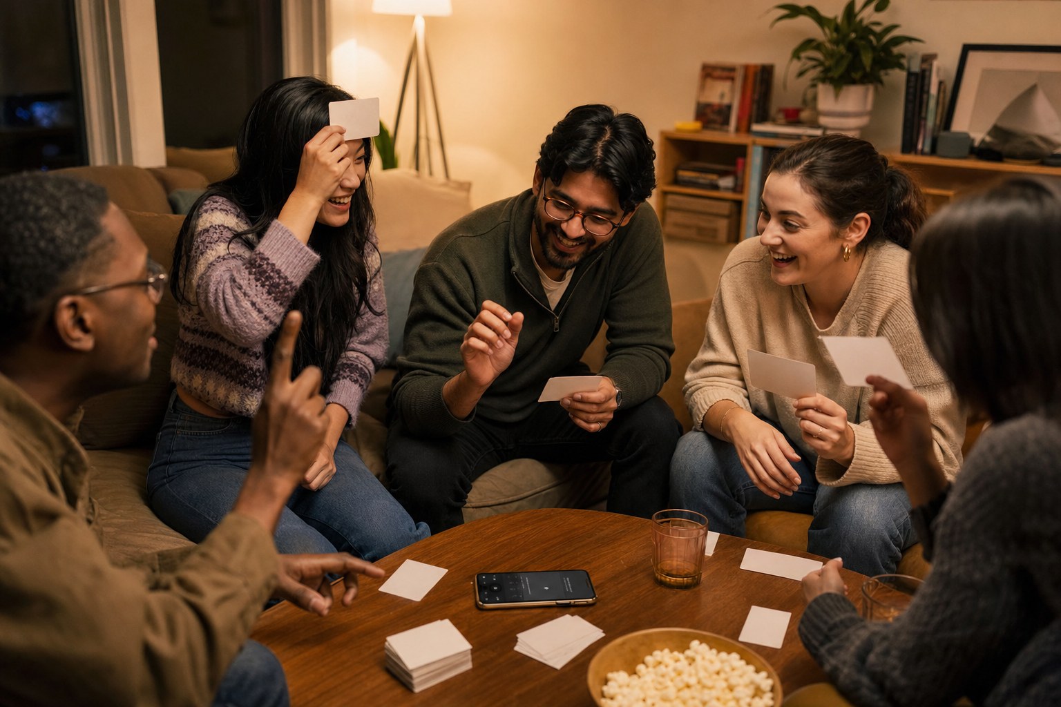 Friends guessing songs with cards during a home party game