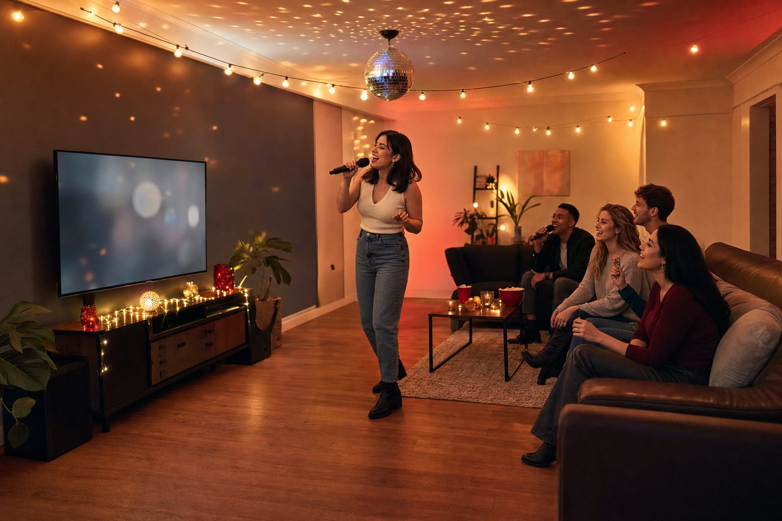 Friends singing in a home karaoke room lit with string lights and a disco ball