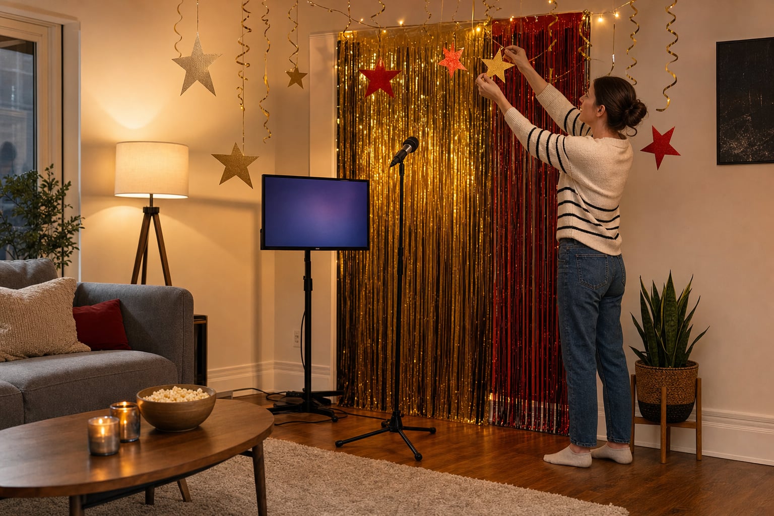 Host decorating a karaoke singing corner with a tinsel backdrop and stars